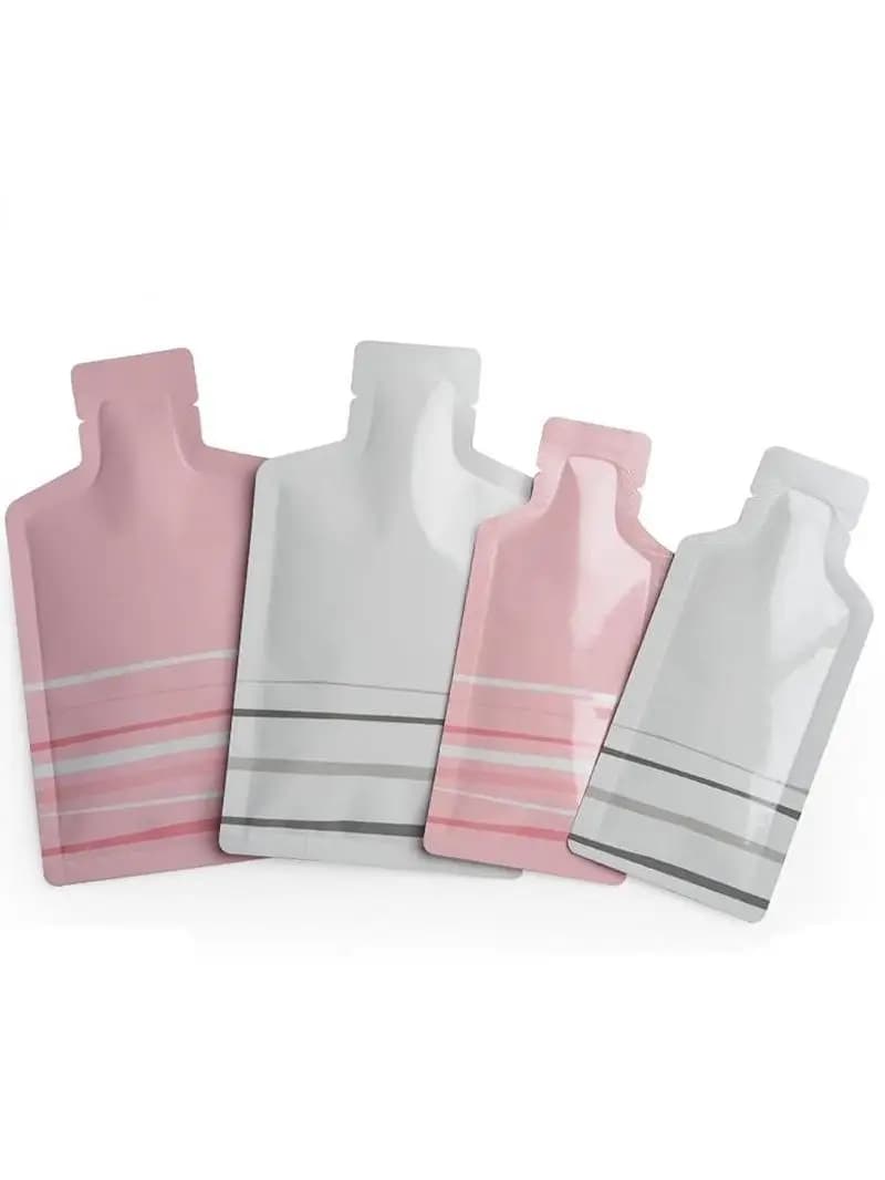 300 STKS Roze Witte Fles Vorm Aluminiumfolie Open Top Tas Shampoo Poeder Crème Vloeistof Proef Hitteafdichting Geschenkverpakking Zakjes