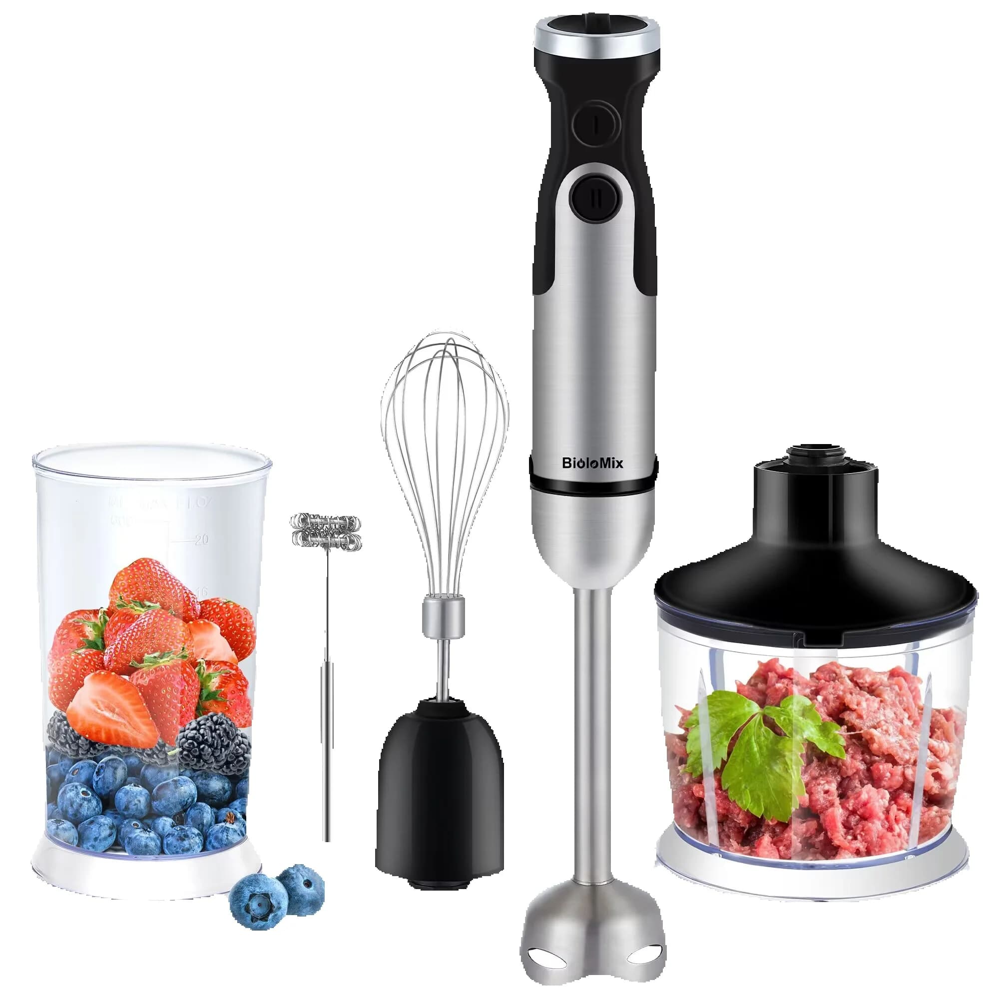 BioloMix 1200W staafmixer 5-in-1 set inclusief groentehakker vleesmolen garde smoothiebeker