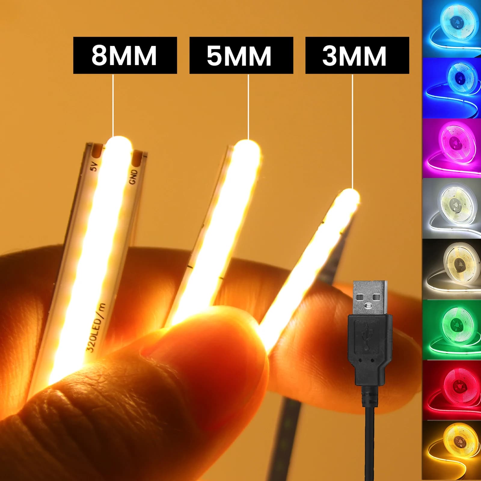 DC 5V USB COB Strip 3MM 5MM 8MM Wit/Roze/Rood/Wit/Geel/IJsblauw/Groen Flexibel Lint Touw Huisdecoratie TV-achterverlichting
