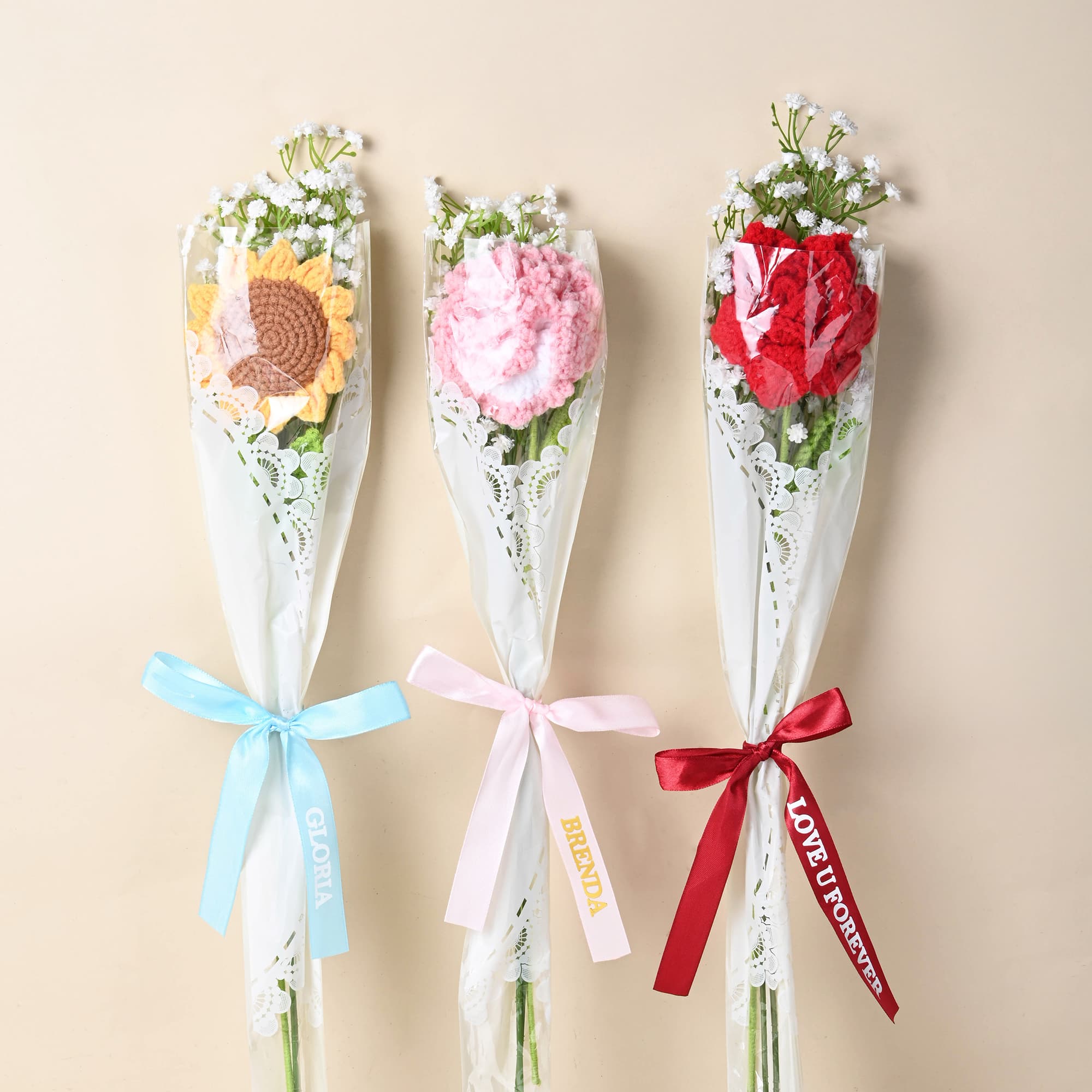 Gepersonaliseerde Zonnebloem Roos Eeuwig houdbaar Corchet Bloemen met Tekst Lint Set van 3 Bruiloft Favoriet Verjaardagscadeau voor Gast Bruidsmeisje
