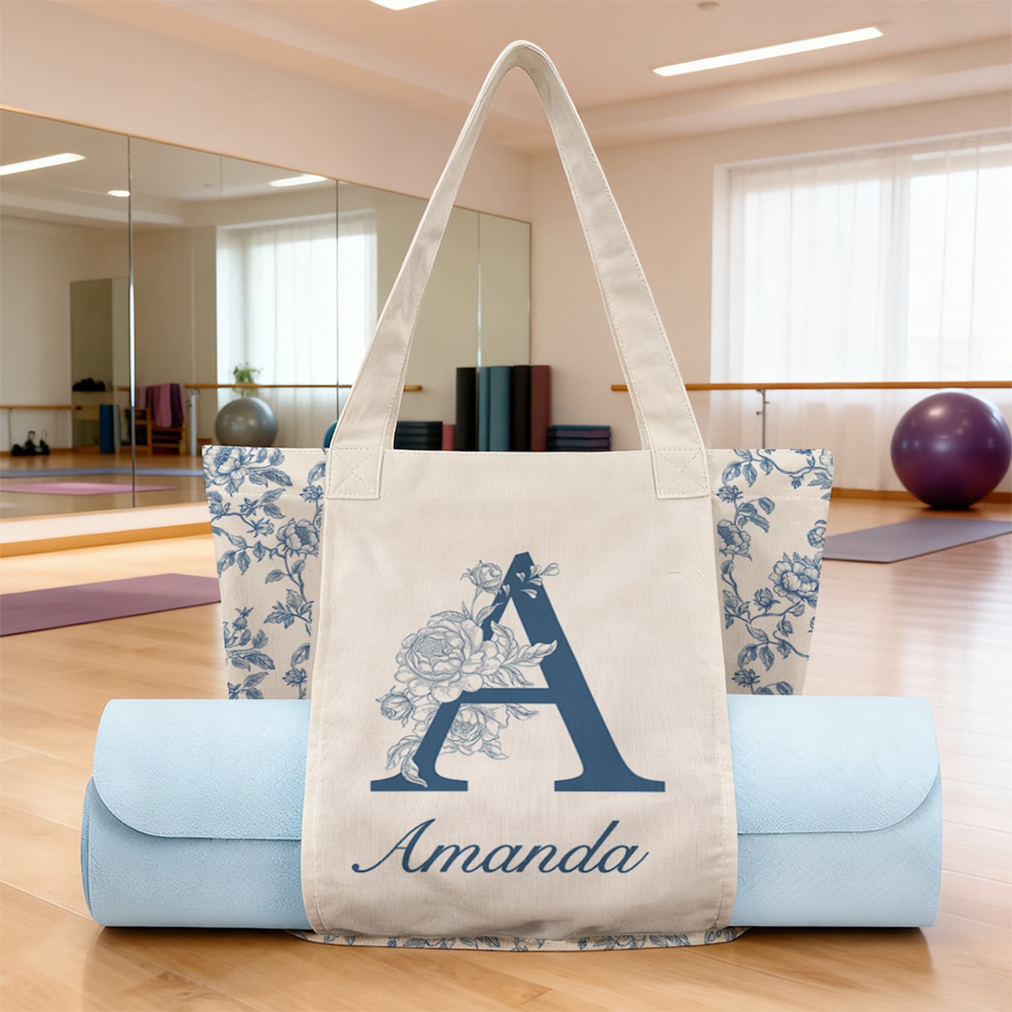 Gepersonaliseerde Toile De Jouy Initiaal Yoga Mat Draagtas met Naam Yoga Accessoires Reizen Verjaardag Kerstcadeau voor Vrouwen Yoga Liefhebbers
