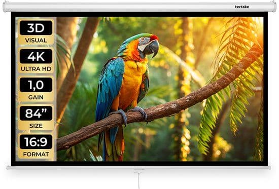 tectake® Beamer Scherm - 84 Inch (214 cm) - 16:9 Projectiescherm - Oprolbaar - 4K HD - Wand of Plafond Montage - Wit