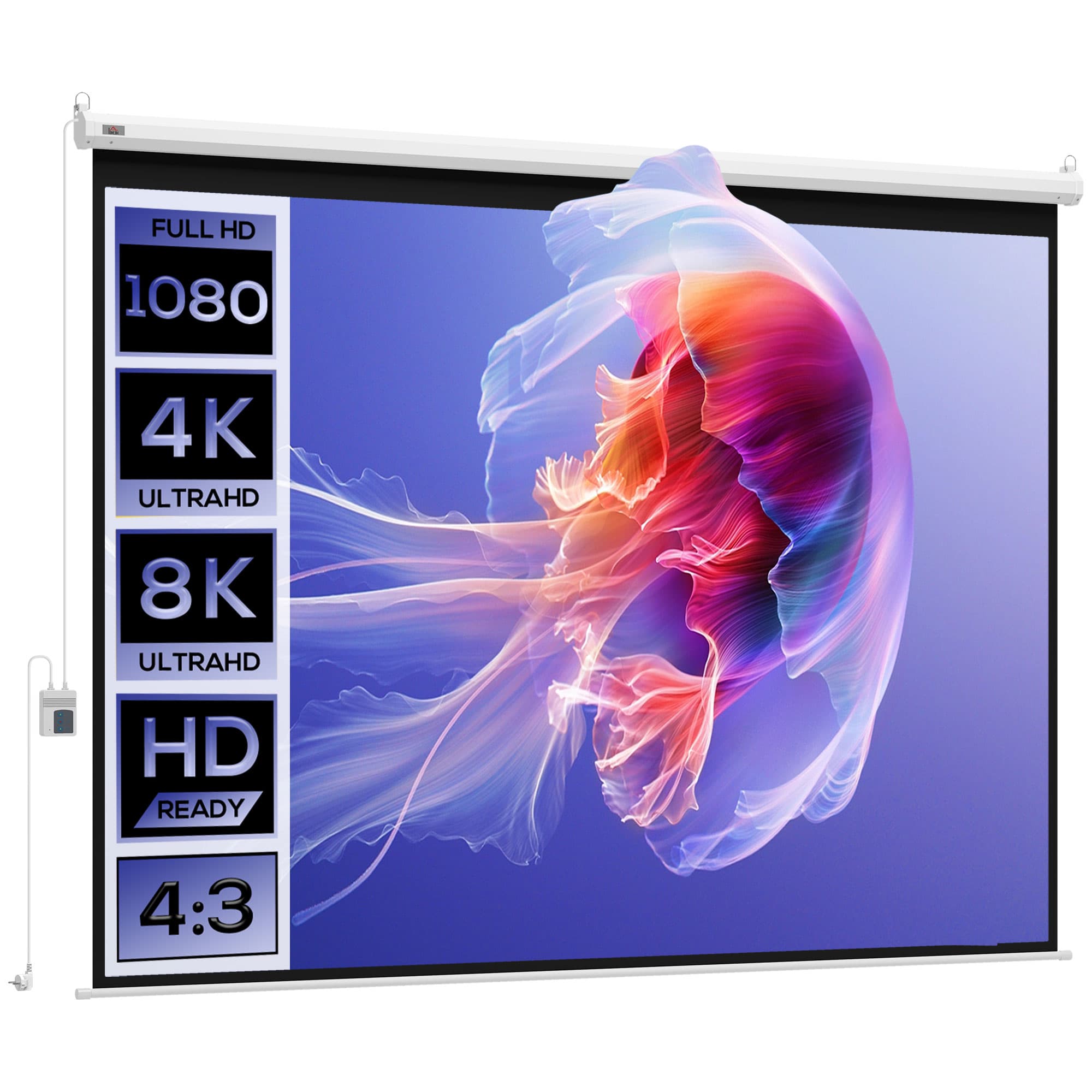 HOMCOM Projectiedoek- Elektrisch, 100 Inch, 4:3, 203x152 cm, Wit