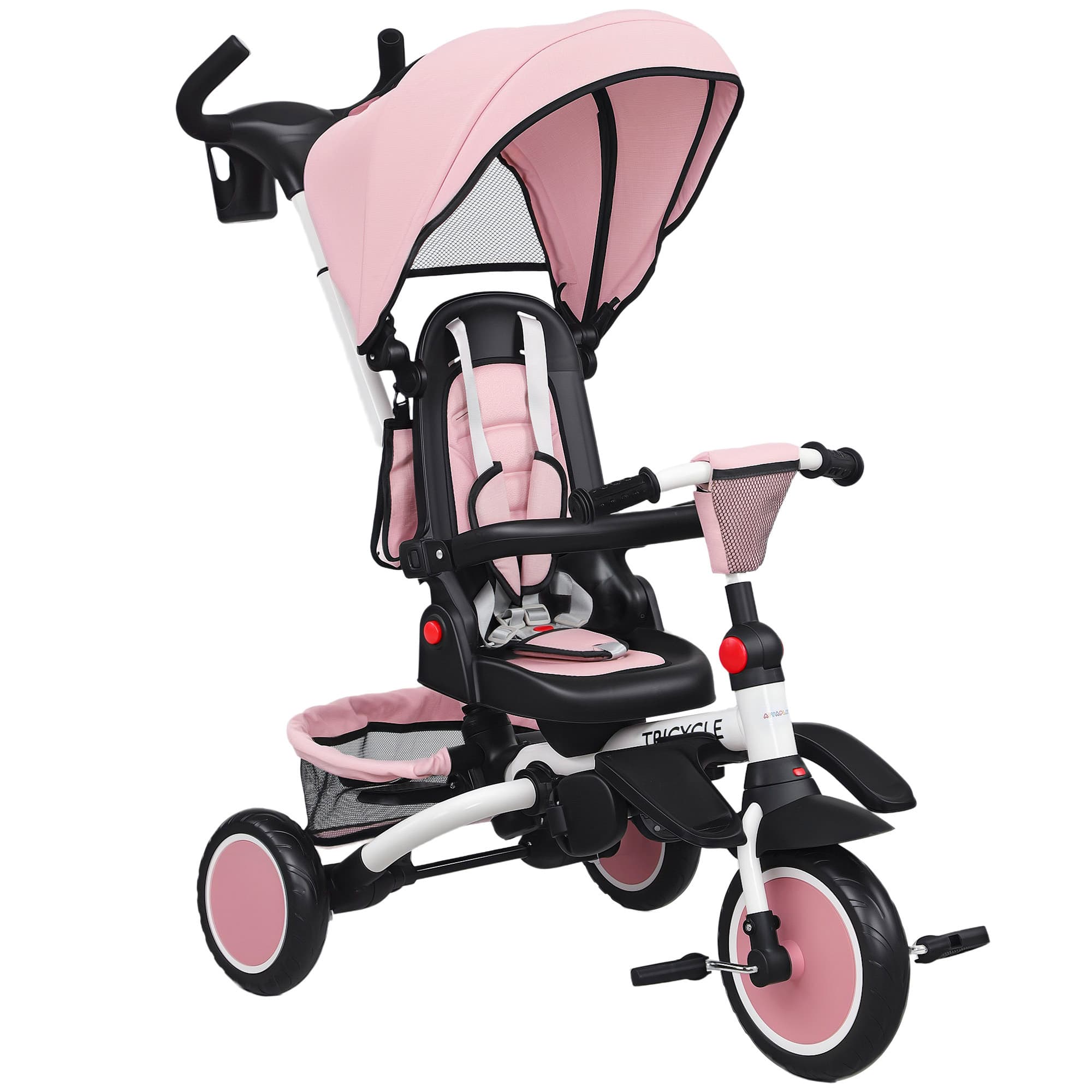 AIYAPLAY Kinderdreirad 6-in-1 Buggy voor Peuters met Duwstang Verstelbare Zitting Opvouwbaar Ontwerp Roze | Aosom.nl