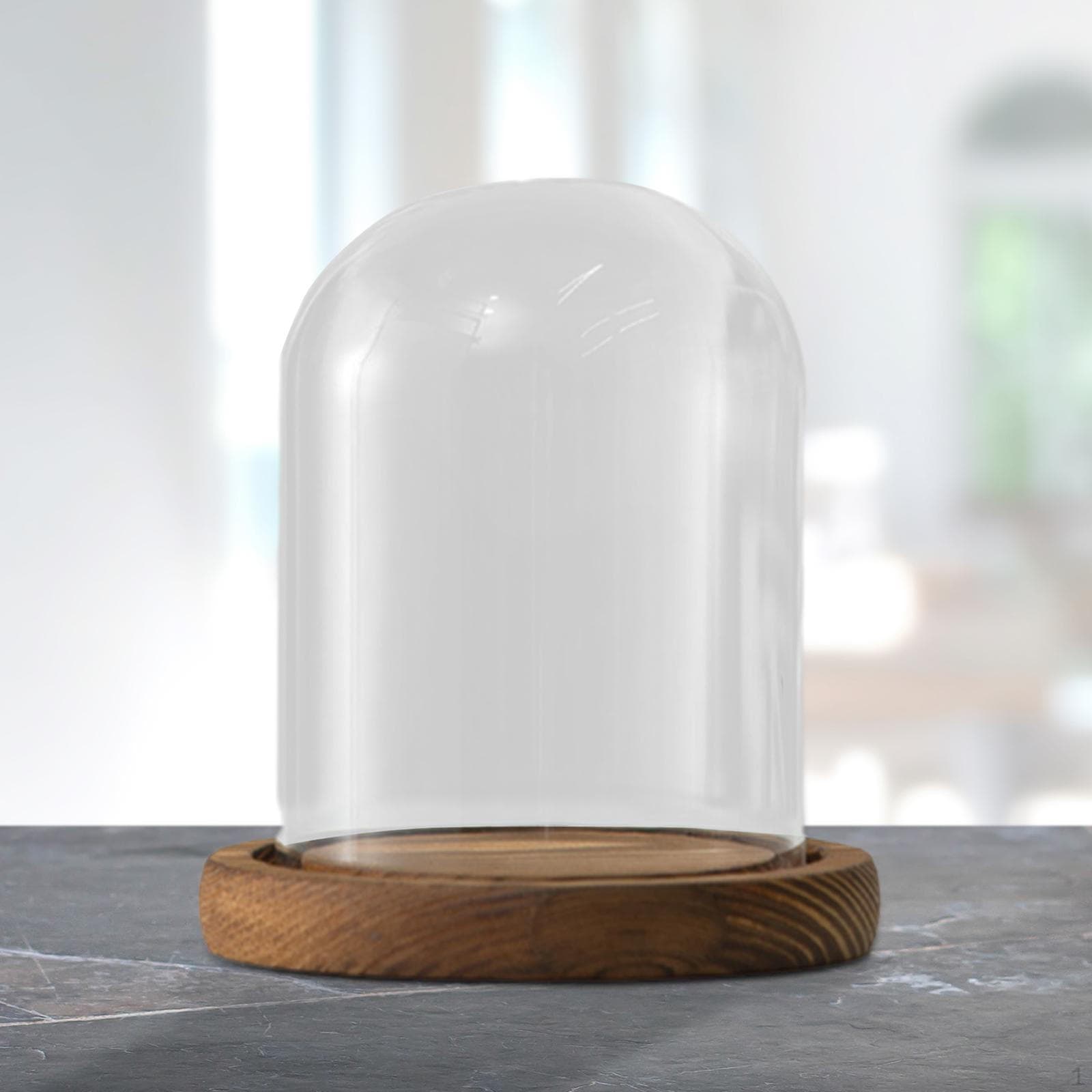 Transparante Glazen Stolpkoepel Dia 3,5 inch Transparante Afdekking Ronde Tafelvitrine met Houten Basis