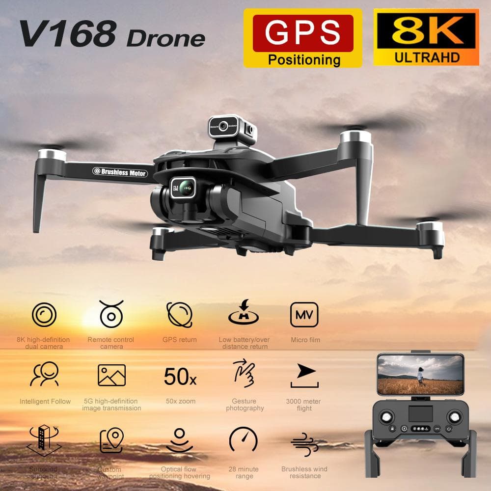 V168 PRO Drones GPS Profesional 8K met HD Camera FPV 5G Wifi Borstelloze Motor Opvouwbare RC Quadcopter Obstakelvermijdingsdrone