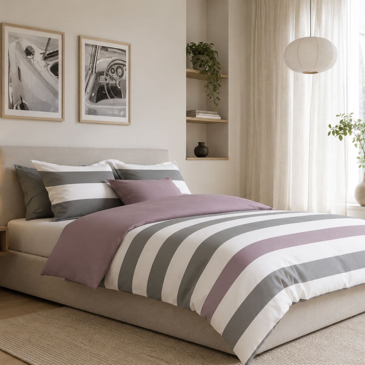 The One Dekbedovertrek Stripe Dark Grey / Plum-200x220cm