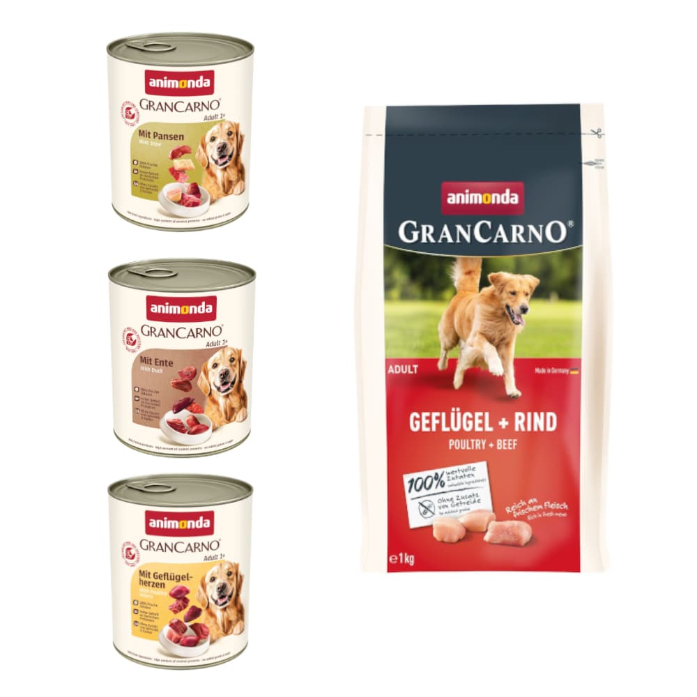 6 x 800 Animonda natvoer + 1 kg Animonda GranCarno Adult Gevogelte & Rund droogvoer gratis! - Mixpaket 3 (3 Sorten)