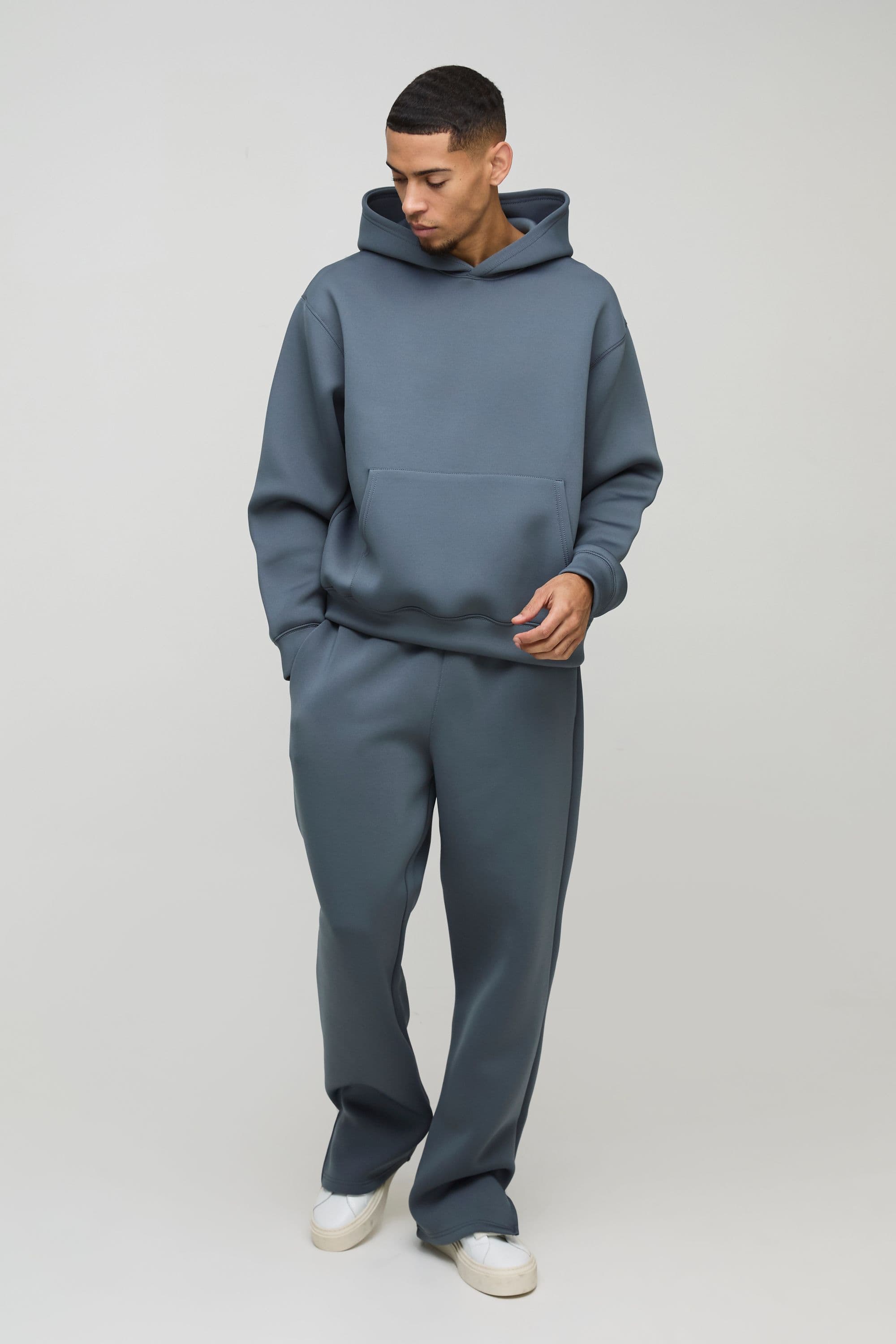 Mens Slate Oversized Boxy Bonded Scuba Split Hem Tracksuit