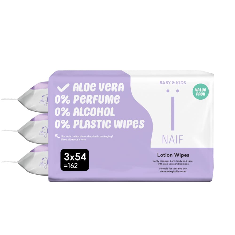 1+1 gratis: Naif Lotion Billendoekjes Plasticvrij 3x54 = 162 stuks