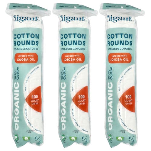 Cliganic, Biologische katoenen rondjes met jojoba-olie, 3 verpakkingen (100 katoenen rondjes) per stuk