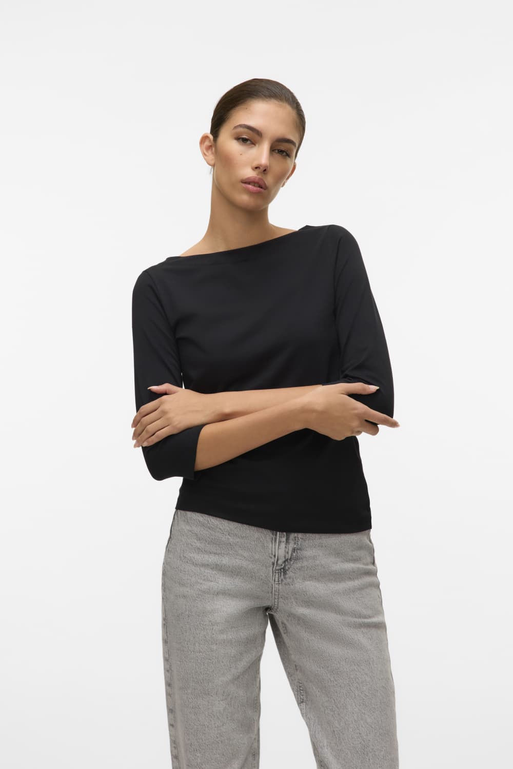 Vero Moda zwarte dames t-shirt | Boothals | Regular fit | Duurzaam | 3/4 mouw