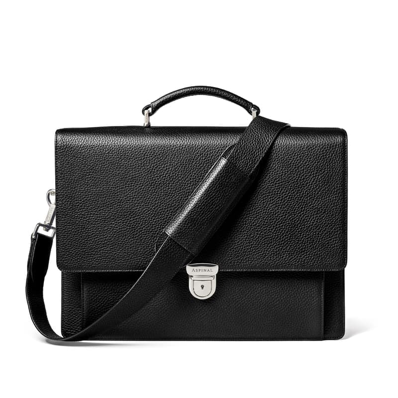Aspinal of London City Leather Briefcase Bag in Black Pebble