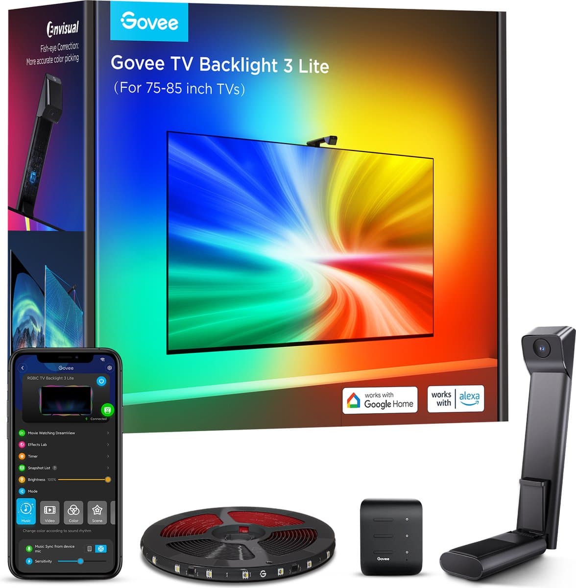 Govee tv backlight 3 lite 75-85 inch - tv led strip - rgbicw - app-bediening - alexa/google - matter compatibel