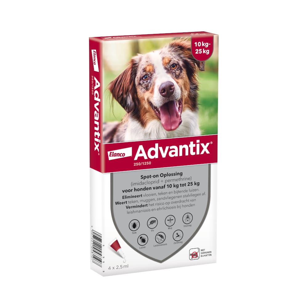 4x 2,5ml Advantix 250/1250 Spot-on Solution voor Honden 10-25kg - NL