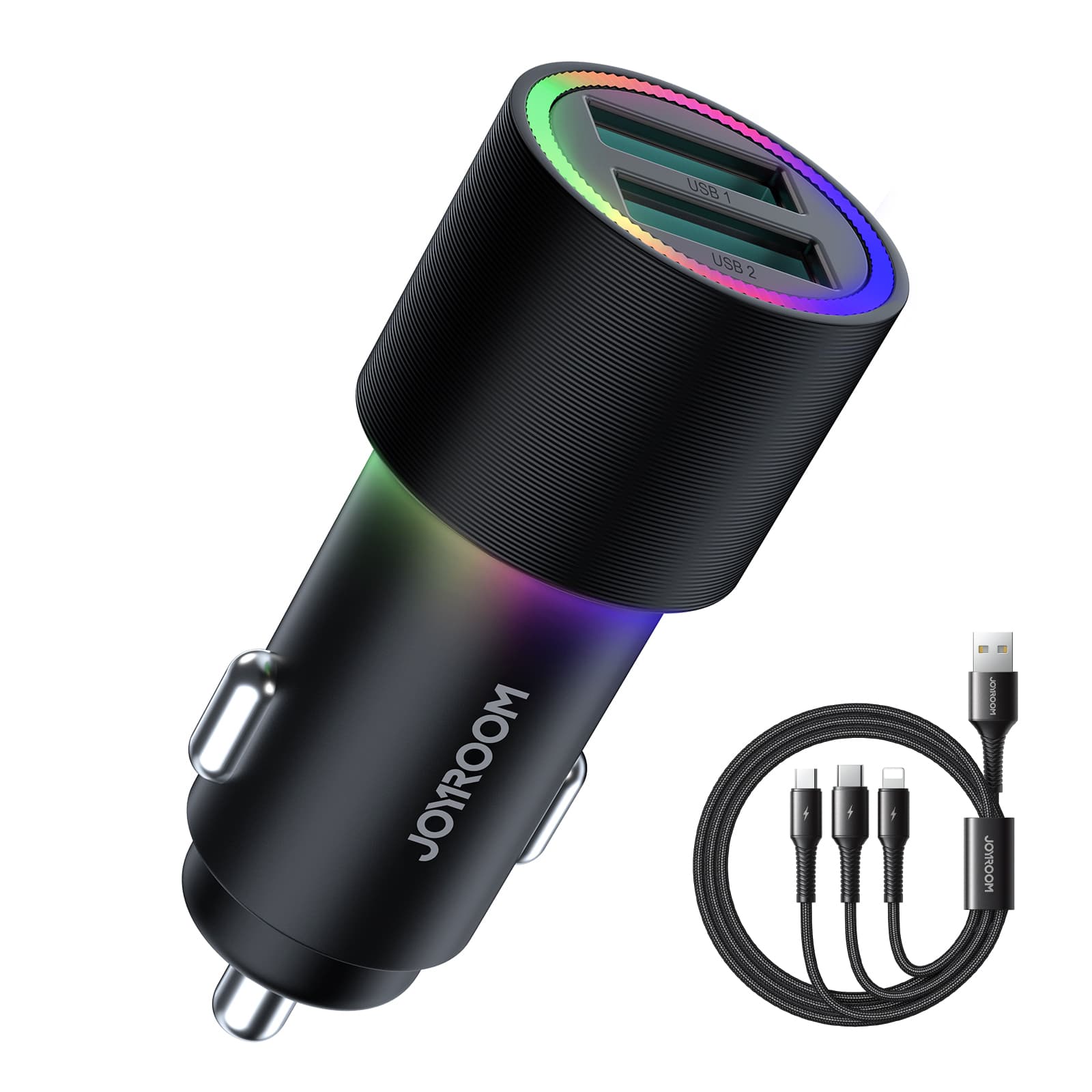 Joyroom autolader met 24W/4.8A - 2 USB-A poorten en 3-in-1 oplaadkabel