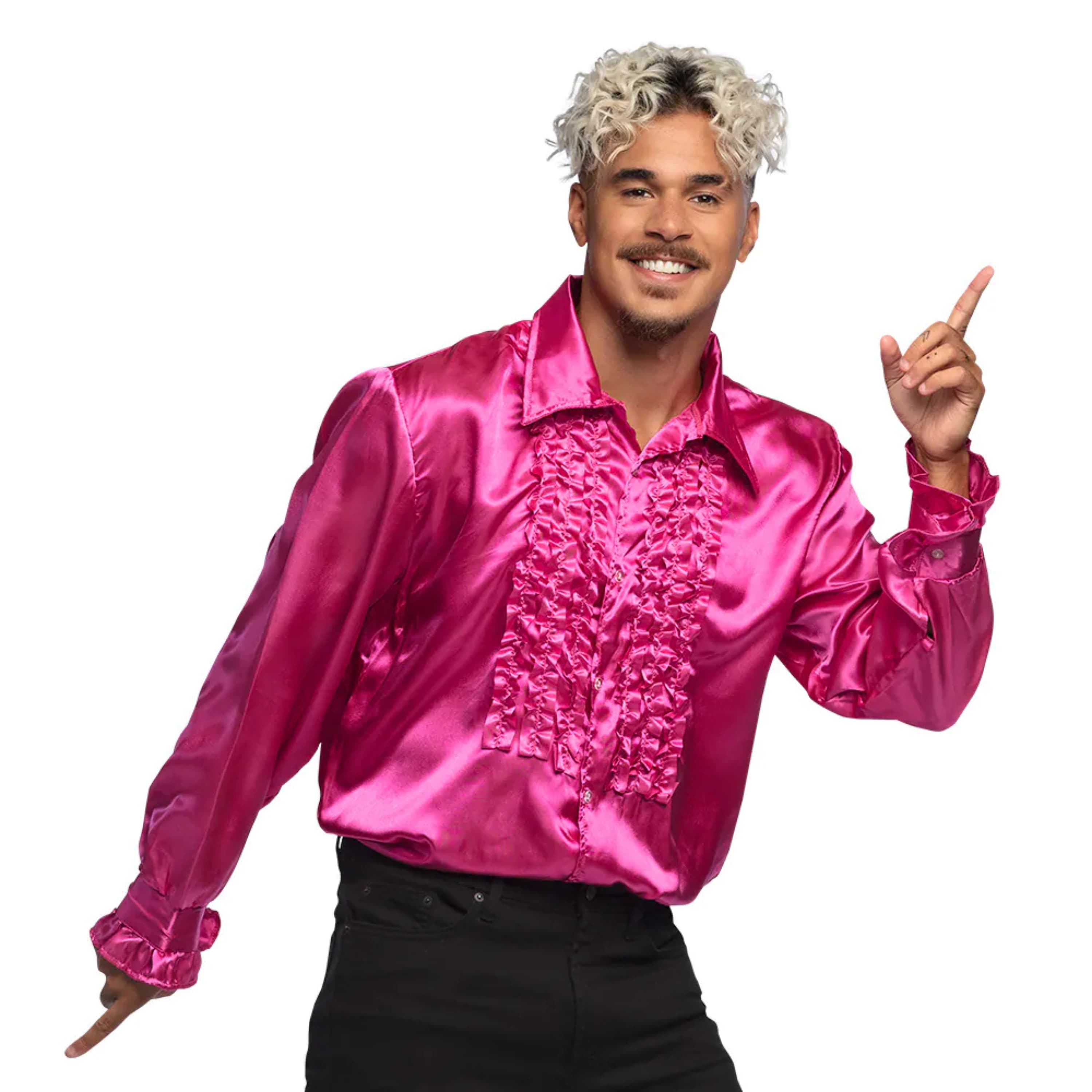 Boland Disco shirt - roze - met ruffles - polyester - party overhemd - disco/seventies