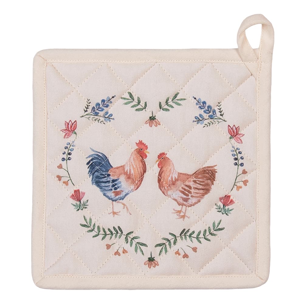 Clayre & Eef Pannenlap 20x20 cm Beige Blauw Katoen Kip en Haan