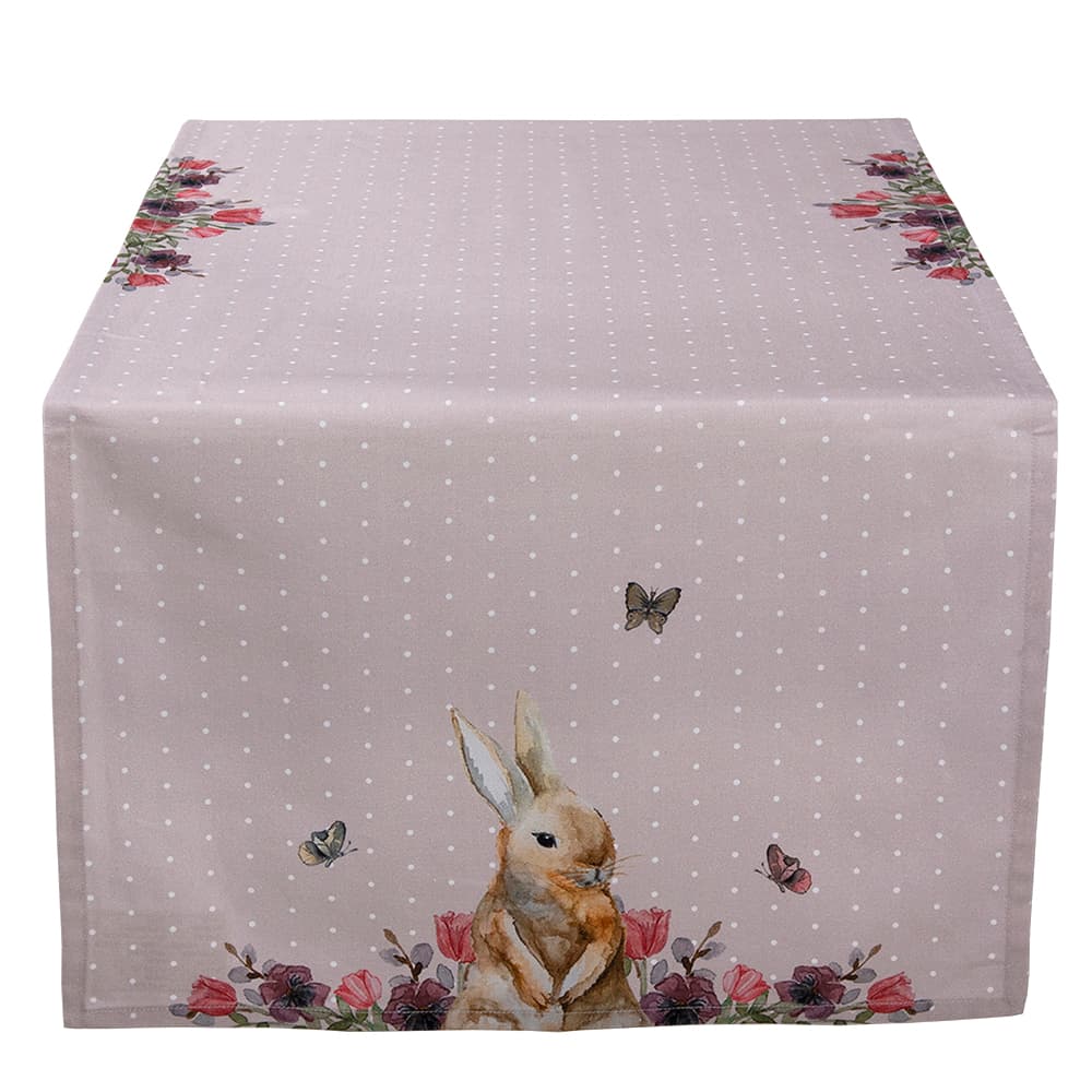 Clayre & Eef Tafelloper 50x140 cm Beige Roze Katoen Konijn Bloemen