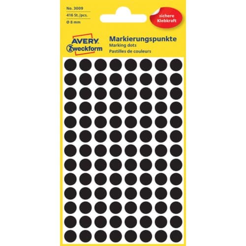 Etiket avery zweckform 3009 rond 8mm zwart 416 Etiketten