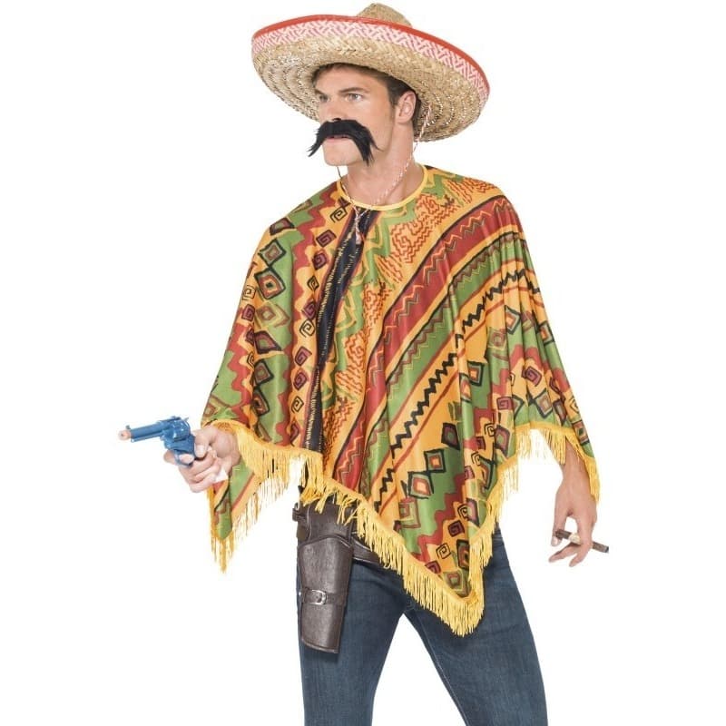 Smiffys Mexicaanse verkleed poncho - met snor - heren - Mexico outfit One size -