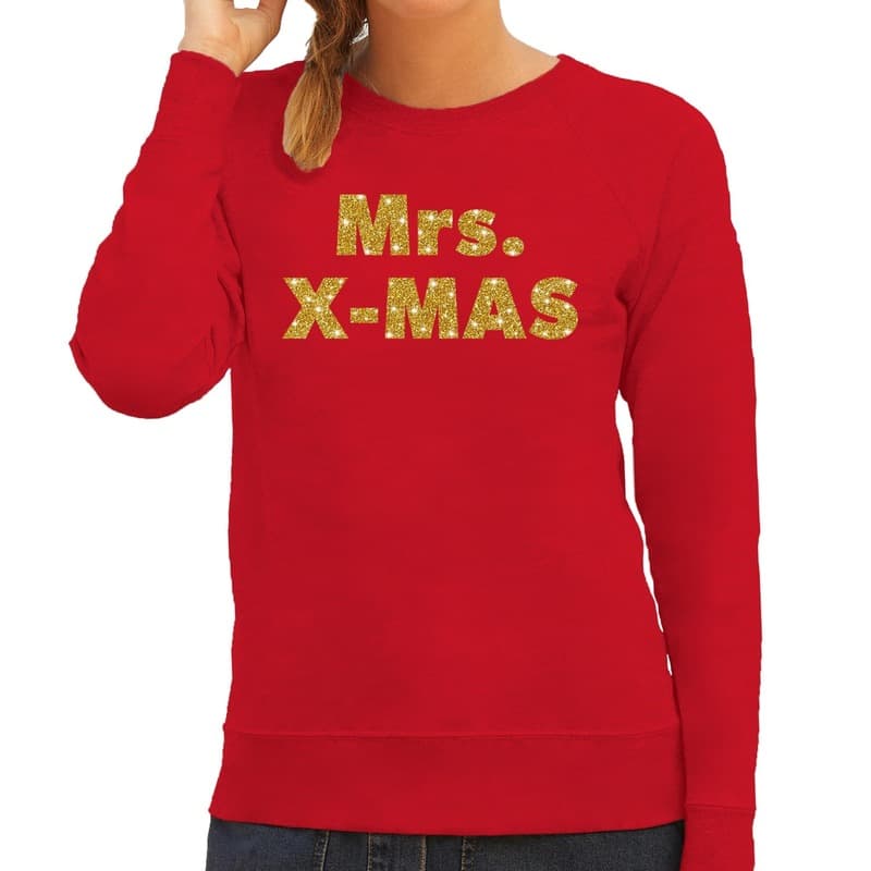 Foute Kersttrui sweater voor dames - Mrs. x-mas - rood - met gouden glitter letters - kerstkleding