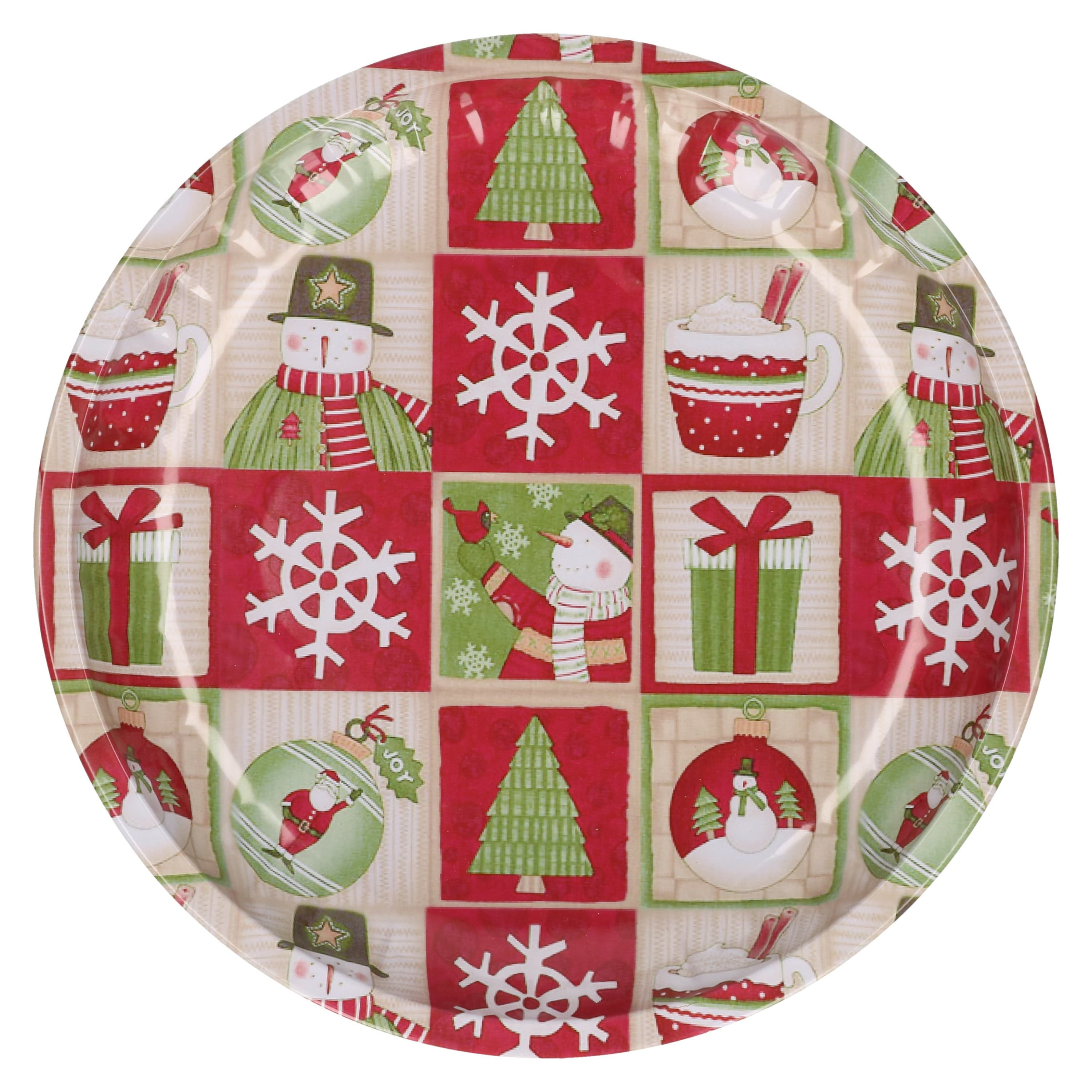 HI bord met sneeuwpop - rood/groen - metaal - 26 cm - kerstontbijt - kerstdiner - kerstartikelen