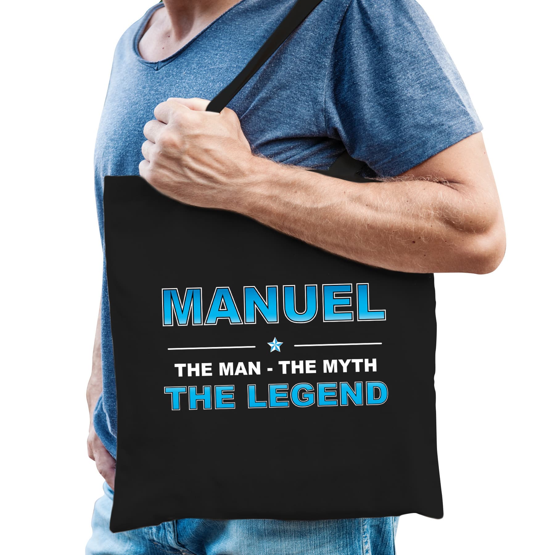 Naam cadeau tasje Manuel - the Legend - zwart - voor heren - katoen