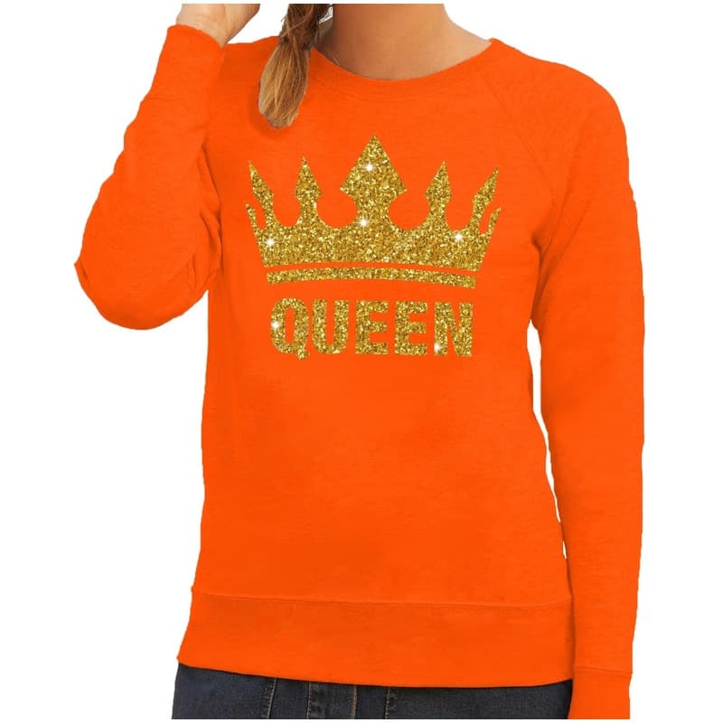 Oranje Queen print sweater - trui met gouden glitter kroon - voor dames - Koningsdag kleding