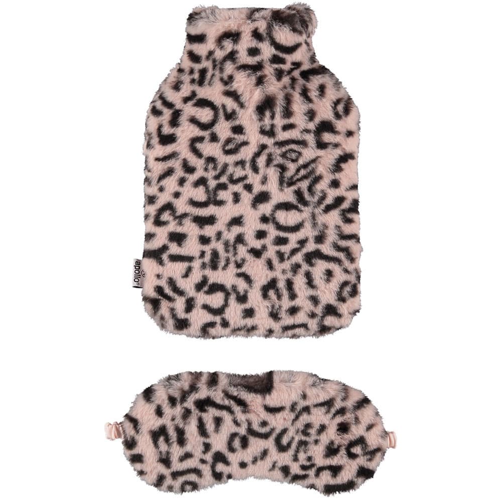 Superzachte fluffy cheetah/luipaard print warmwaterkruik en slaapmasker cadeau set roze