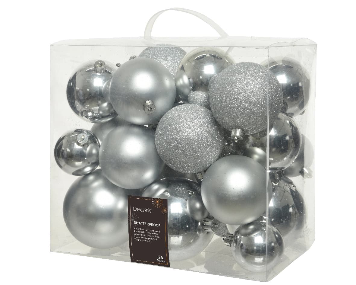 Decoris kerstbal set plastic | 26 stuks | 6-8-10 centimeter | zilver