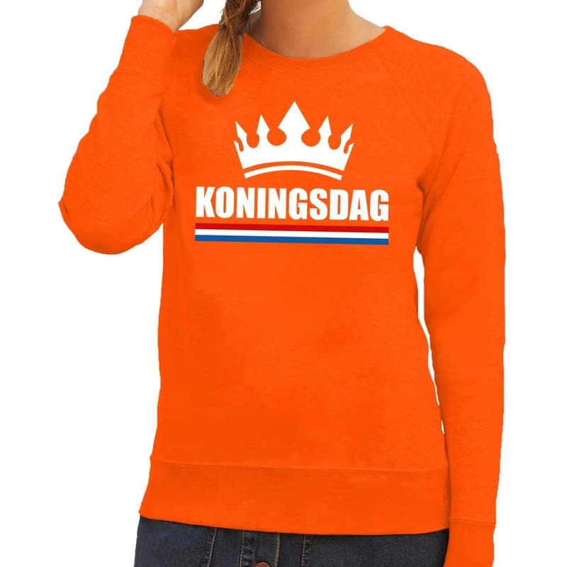 Oranje Koningsdag sweater - trui met een kroon print - dames - Koningsdag kleding - lange mouwen